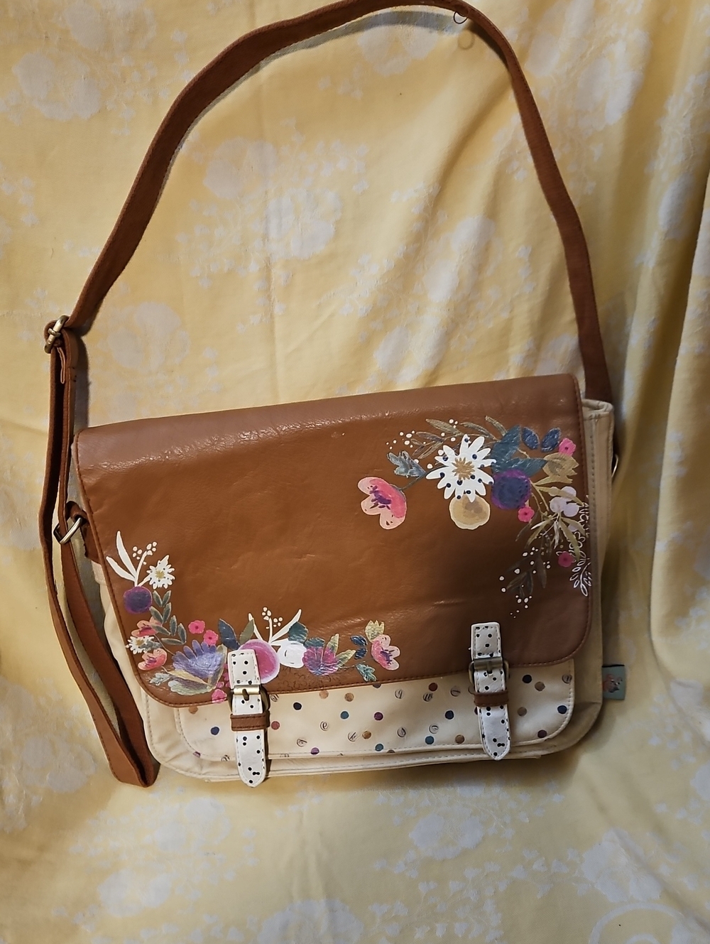 Hand-Painted Brown and Cream Floral Satchel